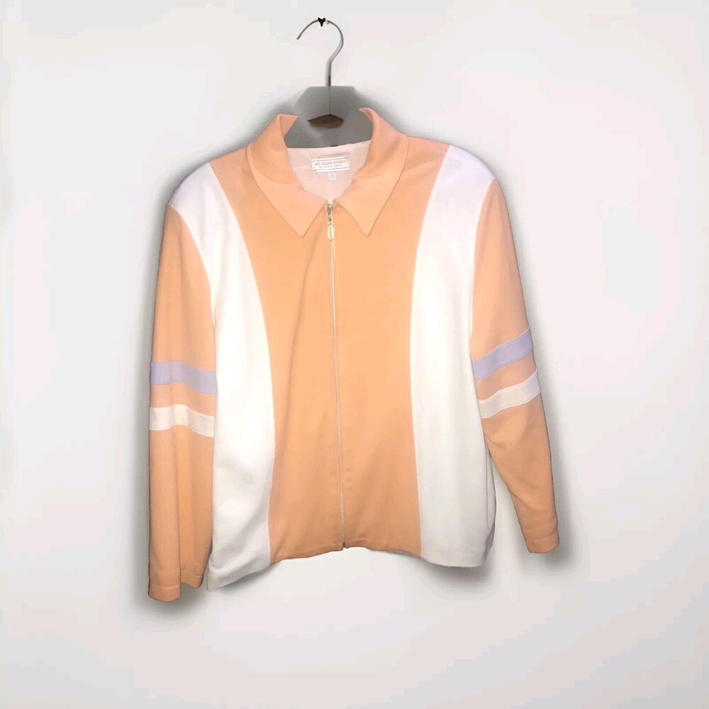 St. John Sport Marie Gray Full Zip Jacket Large Peach White Gray Striped Block *